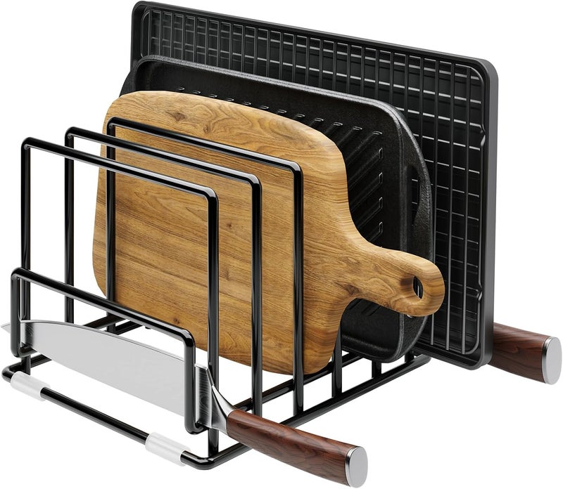 PMYEK Cutting Board Organizer Rack with 7 Compartments, Heavy-Duty Iron Pan and Baking Sheet Organizer, Kitchen Cabinet Storage Rack with Non-Slip Base, Space-Saving Pot Lid Holder for Countertop & Pantry - Image 1